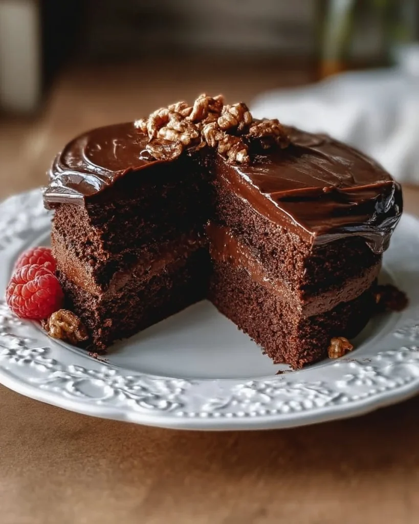 Delicious homemade vegan chocolate cake on a wooden table.
