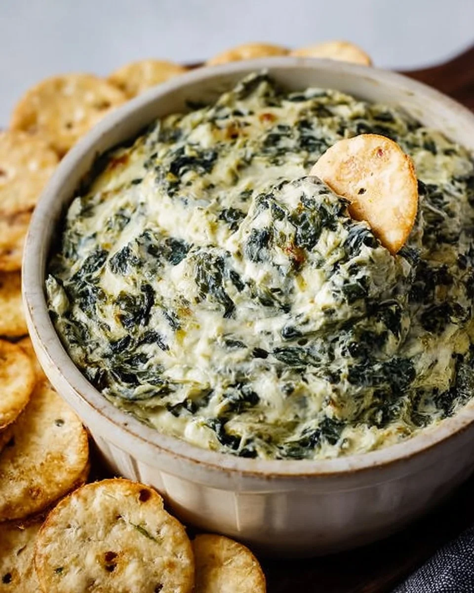 Vegan spinach artichoke dip served in a bowl with fresh vegetables for dipping
