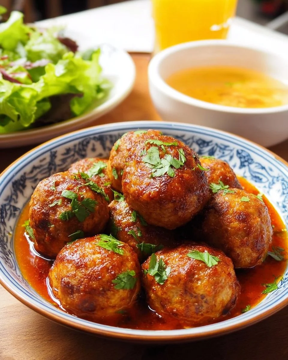 Plate of flavorful Vietnamese meatballs served with fresh herbs and dipping sauce