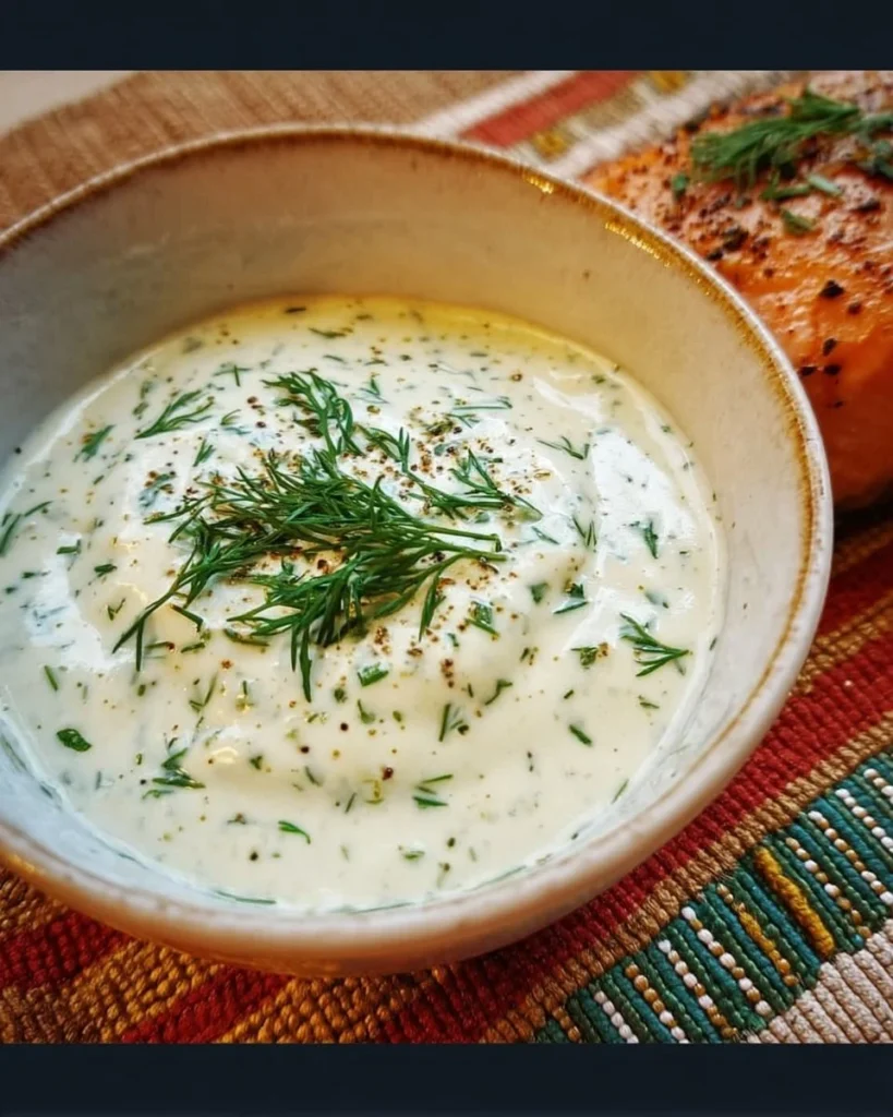 Creamy white dill sauce served over salmon fillet