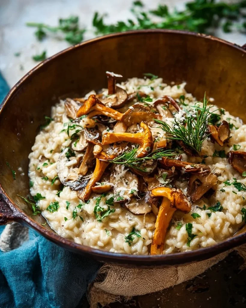 Delicious wild mushroom risotto garnished with fresh herbs