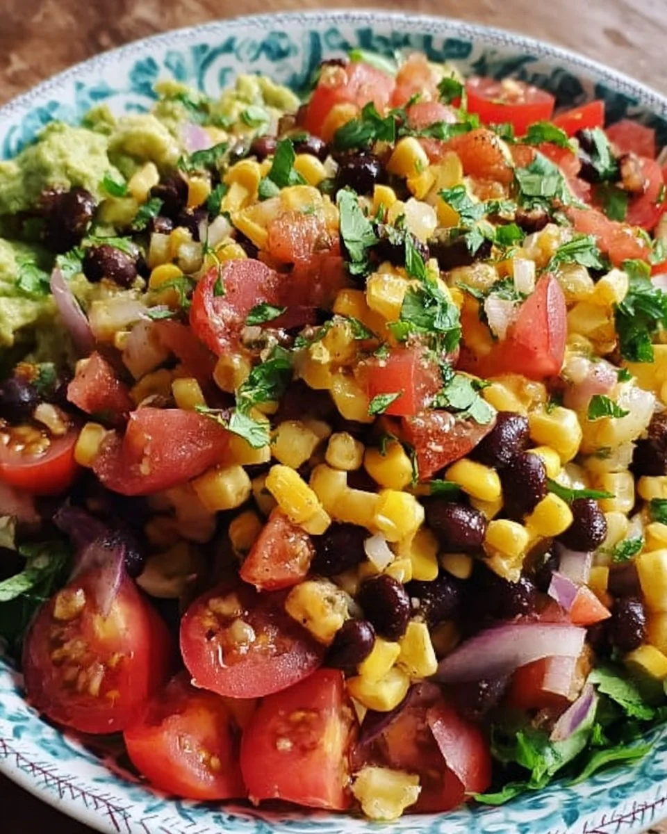 Zesty fiesta salad with black beans and corn in a colorful bowl.