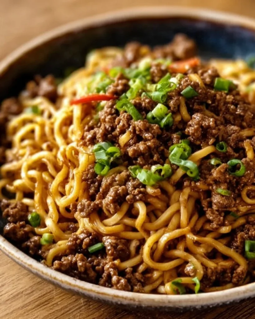 15 Minute Mongolian Ground Beef Noodles served in a bowl with green onions