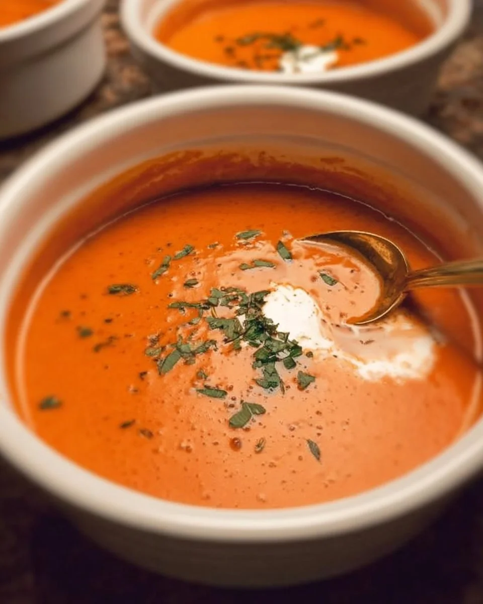 Bowl of 20-minute creamy tomato soup garnished with fresh basil.