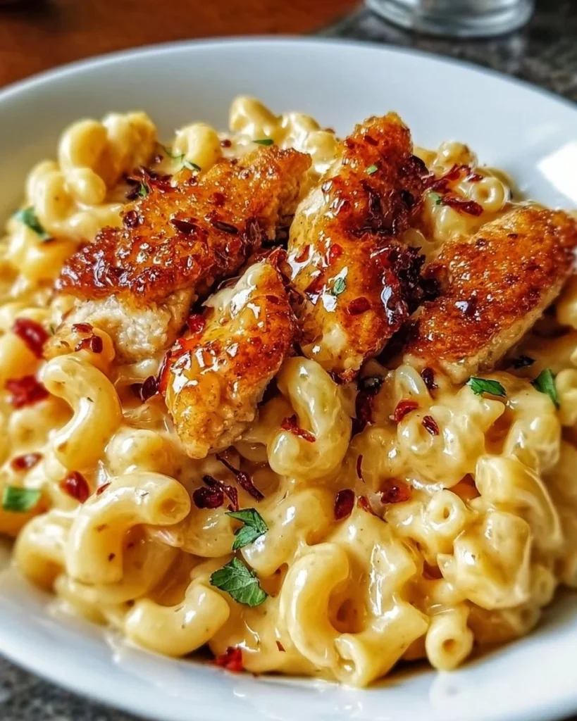 Delicious Honey Pepper Chicken Mac and Cheese dish inspired by Applebee's recipe