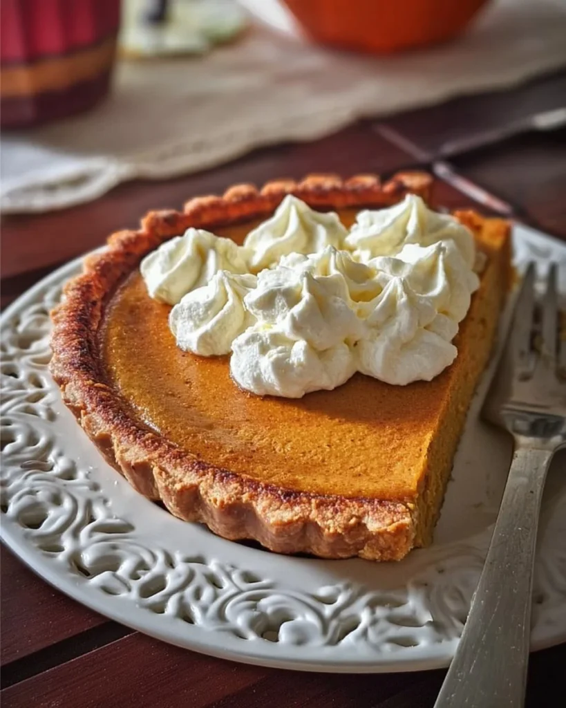Slice of award-winning pumpkin pie topped with whipped cream