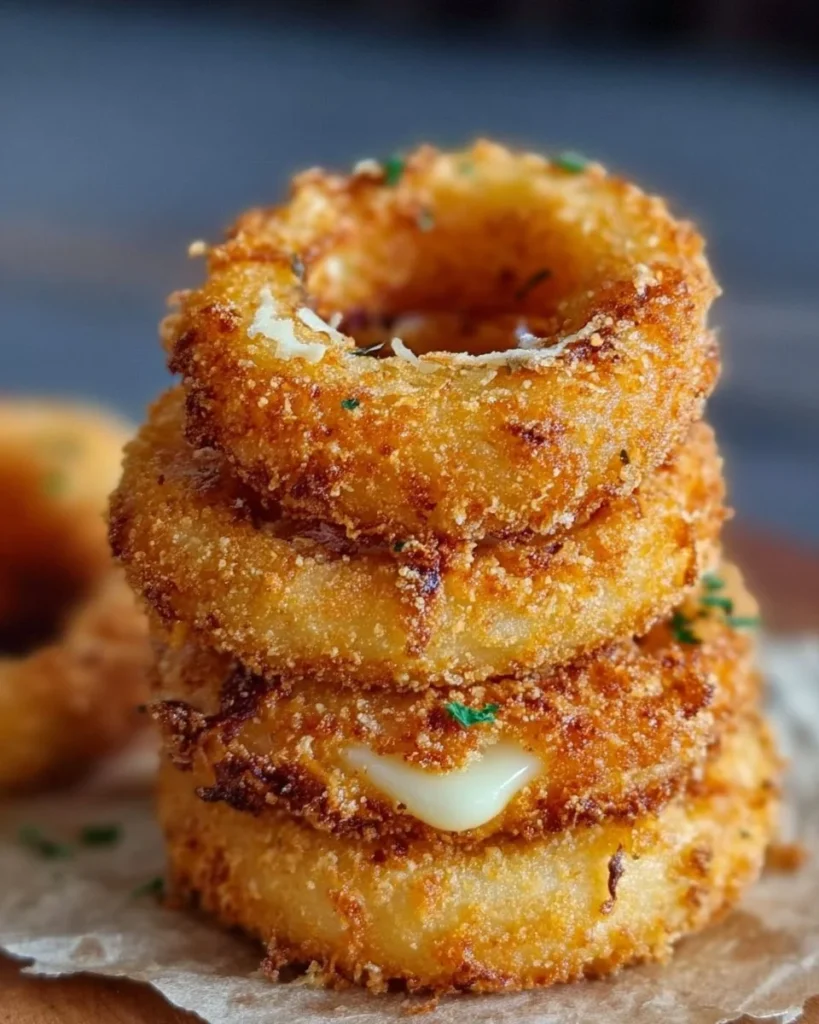 Baked cheesy onion rings served on a plate, golden and crispy.