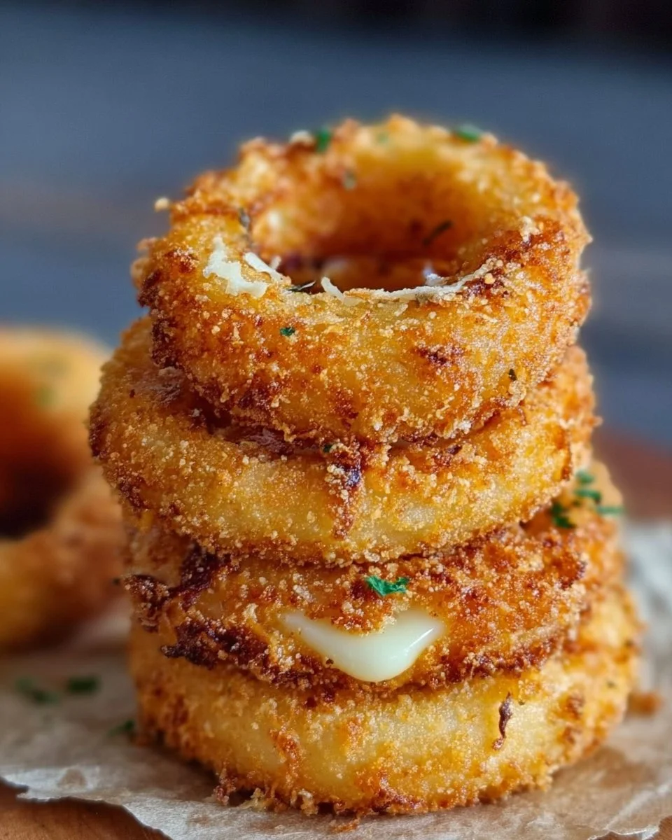 Baked cheesy onion rings served on a plate, golden and crispy.