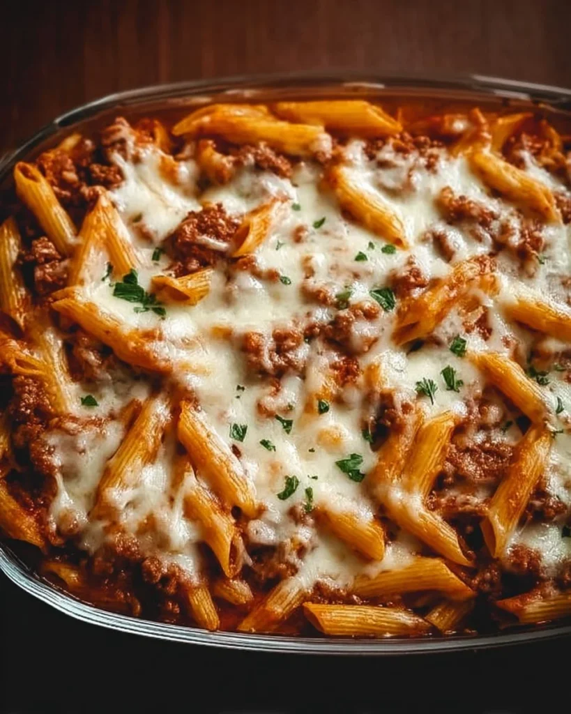 A delicious serving of baked mostaccioli topped with cheese and herbs.