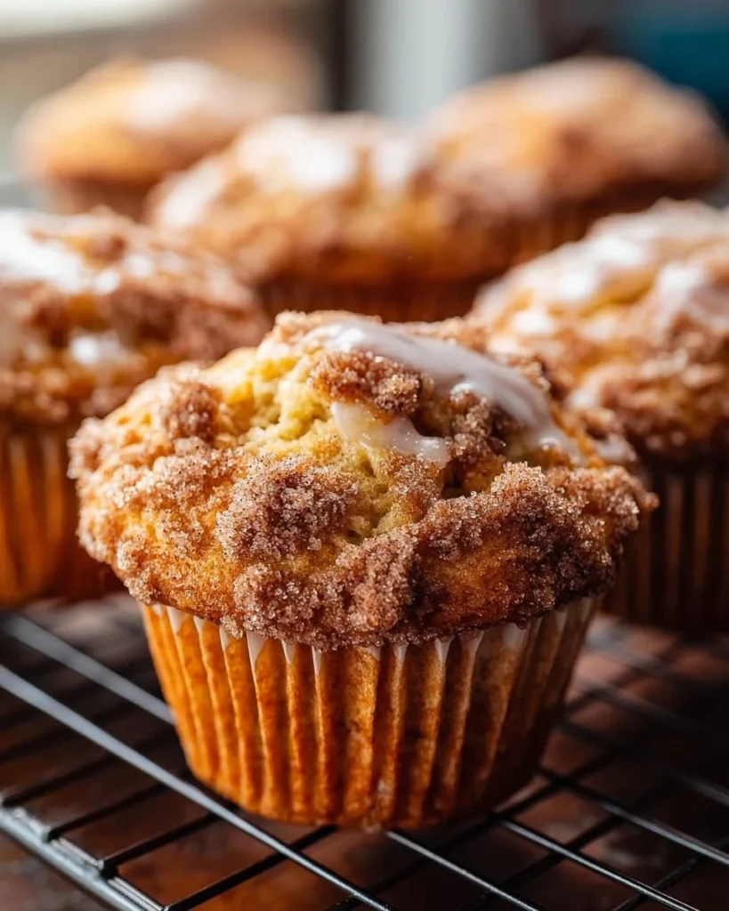 Bakery-style coffee cake muffins with streusel topping on a wooden table