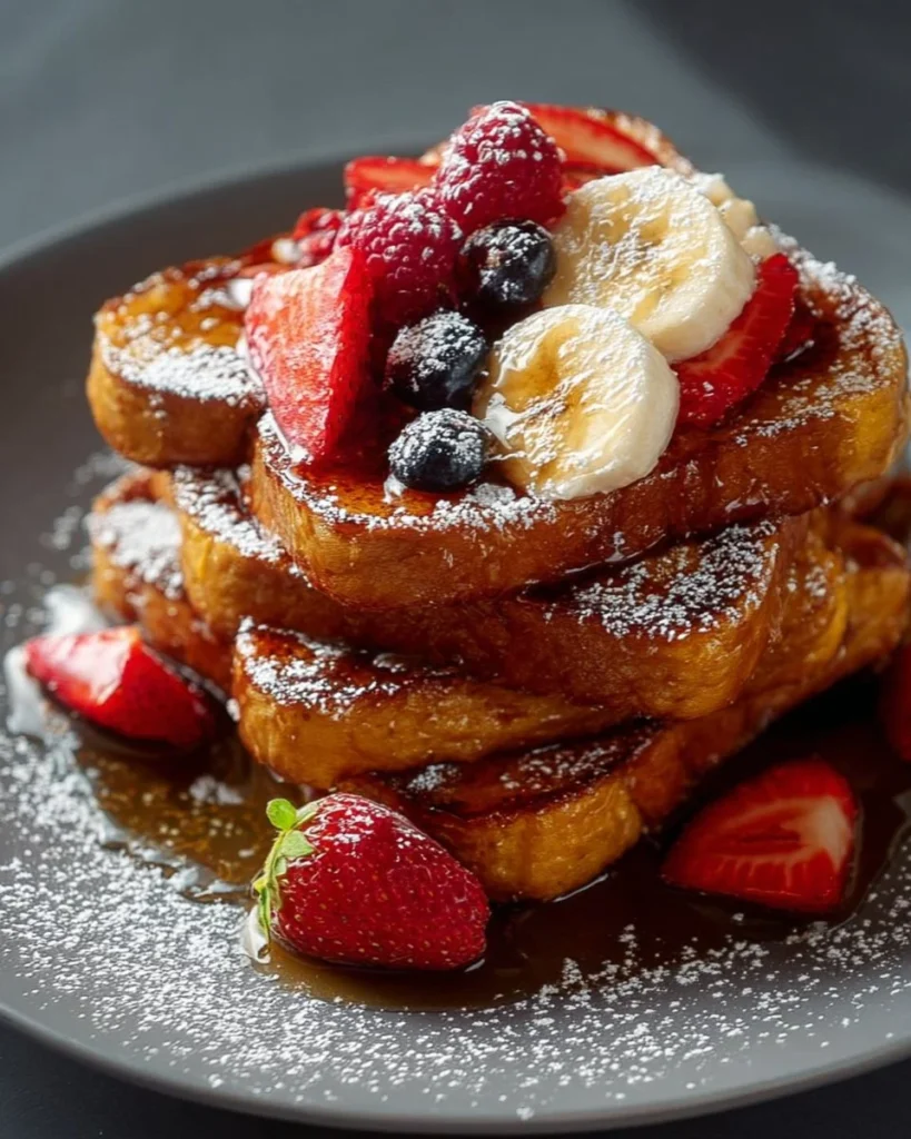 Delicious Banana Berry French Toast topped with fresh fruits.