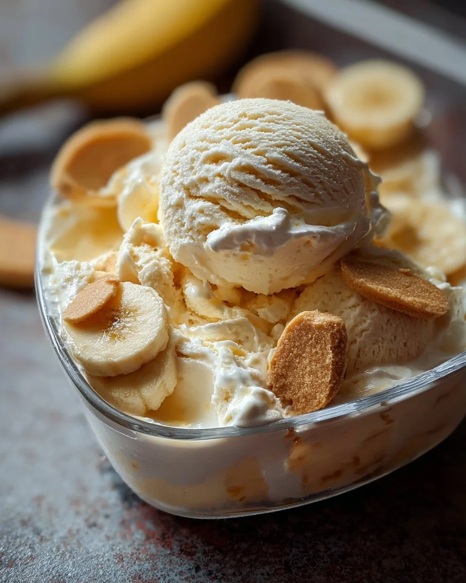 Delicious bowl of banana pudding ice cream garnished with banana slices and whipped cream