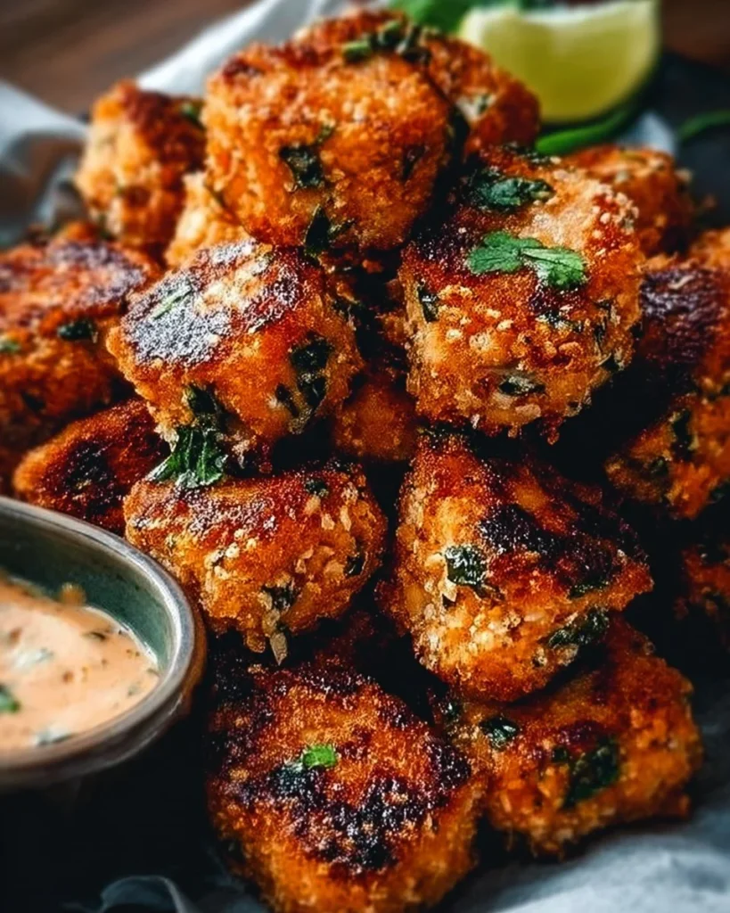 Bang Bang Salmon Bites served on a plate with a spicy dipping sauce
