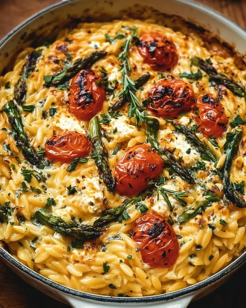 Delicious baked feta orzo dish topped with fresh ingredients
