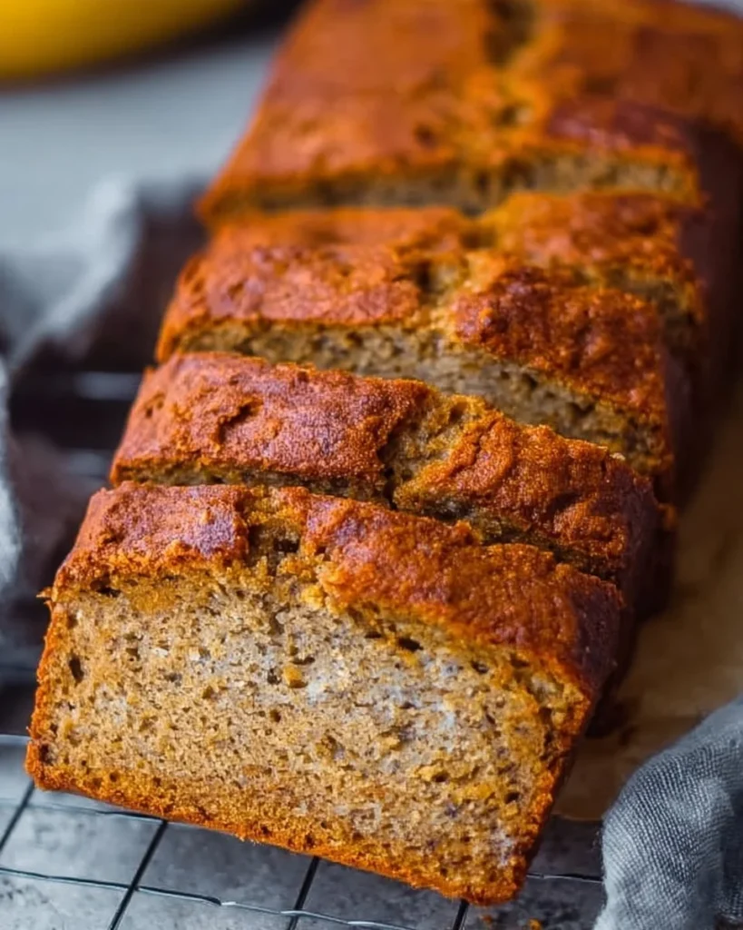 Slice of best healthy banana bread on a wooden cutting board