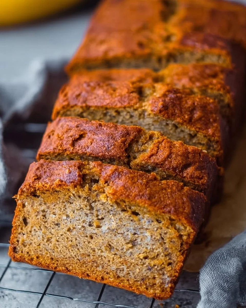 Slice of best healthy banana bread on a wooden cutting board