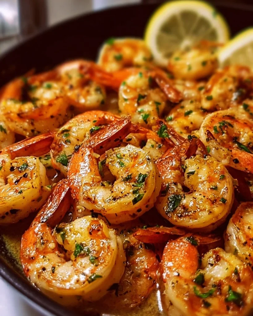 Delicious lemon garlic shrimp served on a plate with fresh herbs
