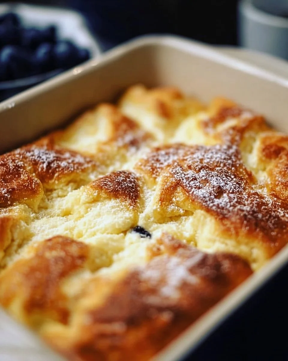 Delicious pancake casserole baked with syrup and berries