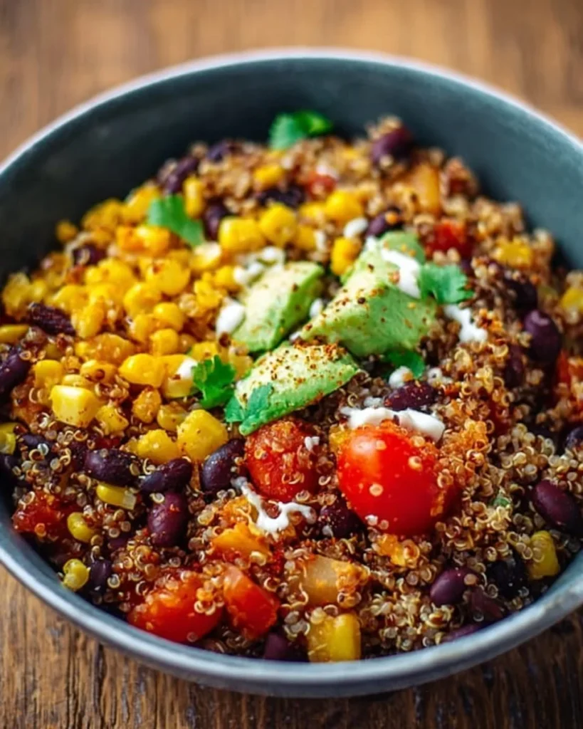 Delicious quinoa taco bowl topped with fresh vegetables and sauce