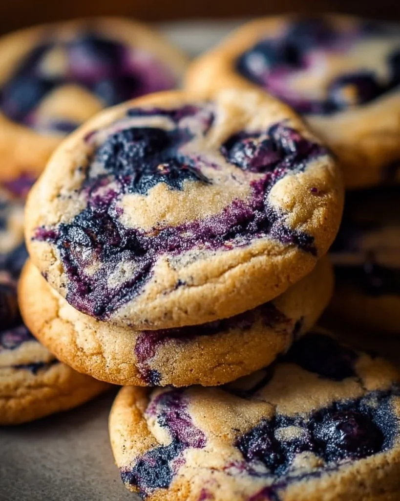 Freshly baked blueberry cheesecake cookies on a cooling rack.