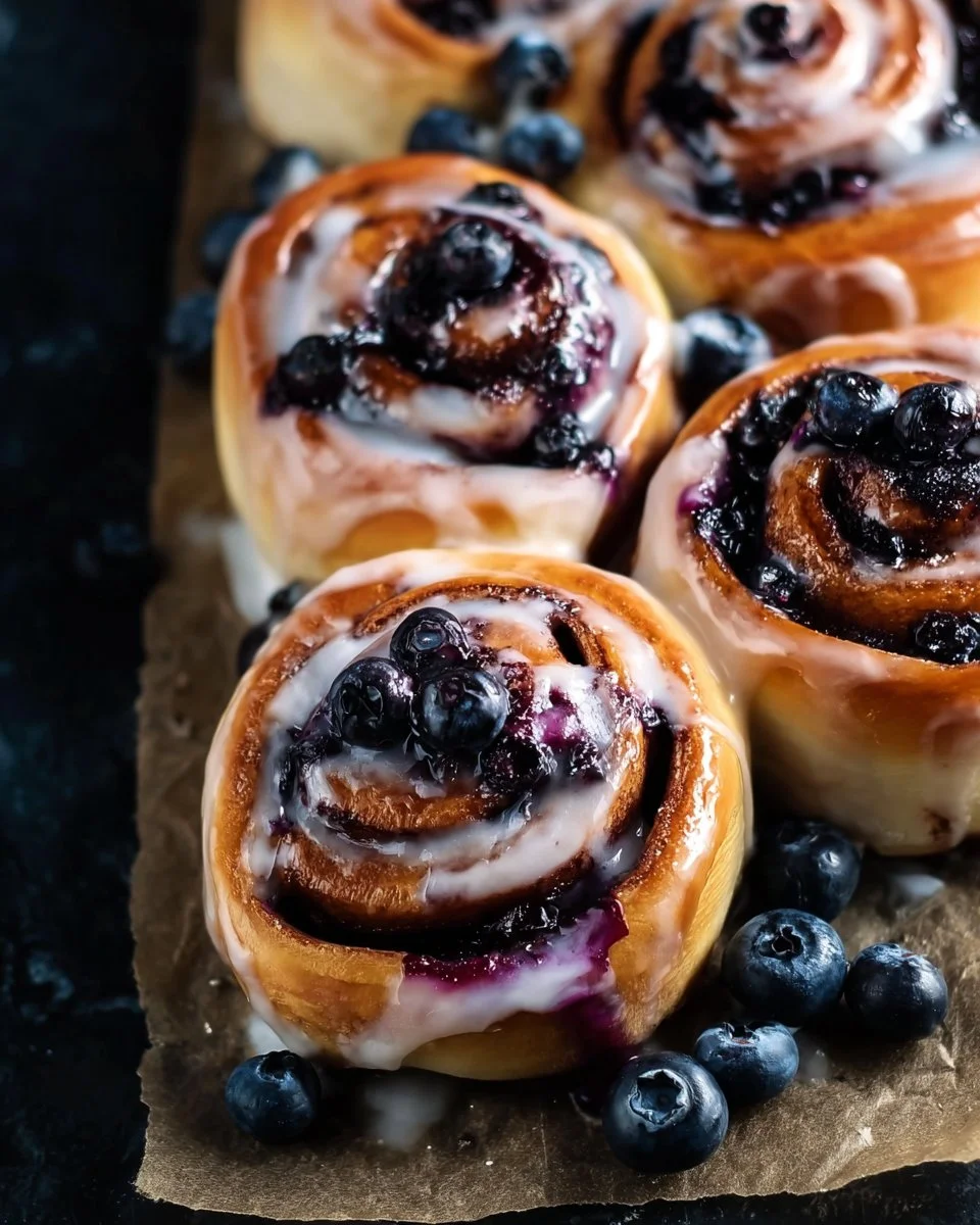 Delicious fluffy blueberry cinnamon rolls with icing on a plate