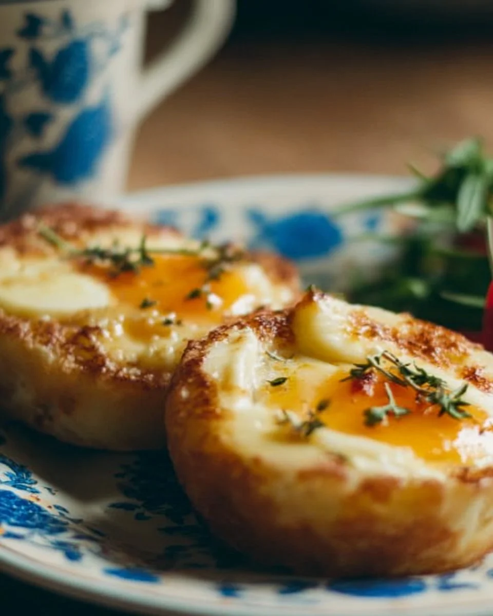 Delicious Breakfast Eggy Crumpets topped with herbs and spices