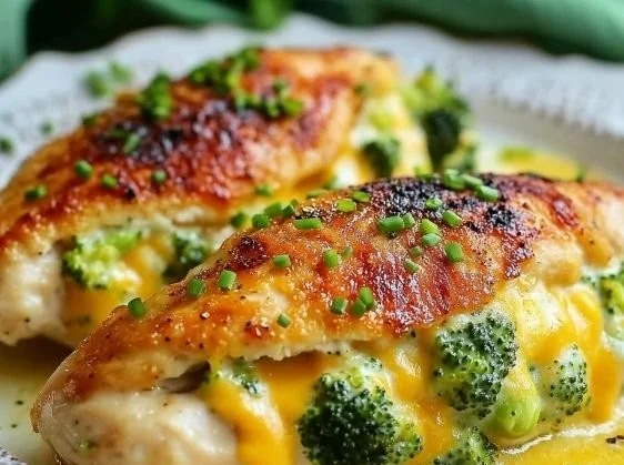 Broccoli stuffed chicken breast on a plate