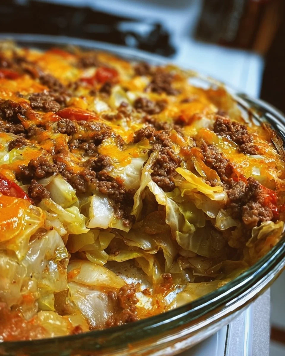 Delicious Cabbage Beef Bake served in a casserole dish