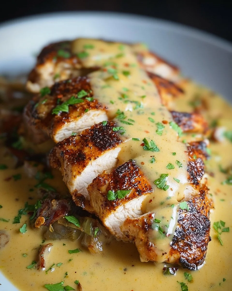 Cajun Chicken with Creamy Cajun Sauce garnished with herbs