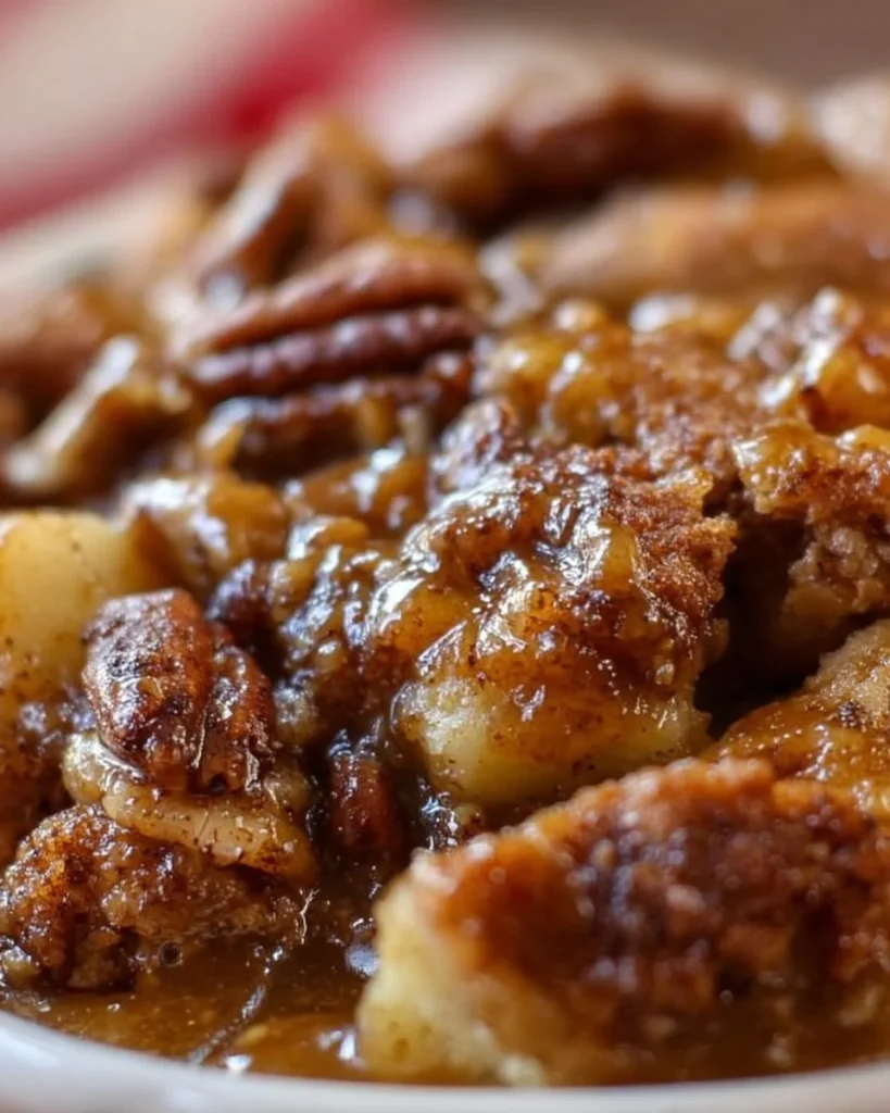 Delicious Caramel Apple Pecan Cobbler topped with caramel sauce and pecans