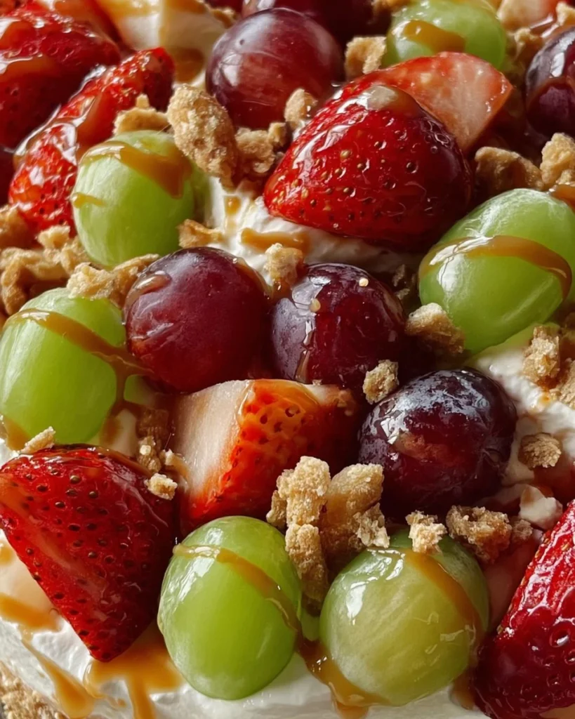 Delicious Caramel Crunch Cheesecake Fruit Salad garnished with fresh fruits