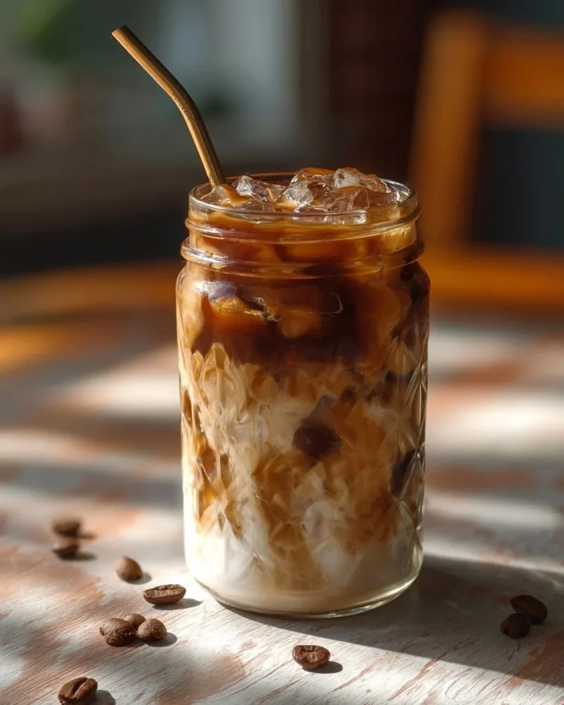 Glass of caramel hazelnut iced coffee topped with whipped cream and drizzled caramel