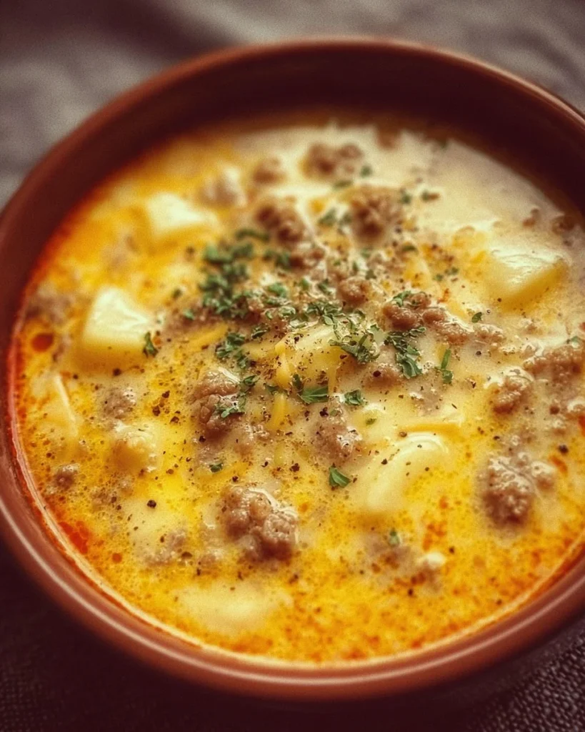 Delicious cheese burger soup topped with cheese and herbs in a bowl