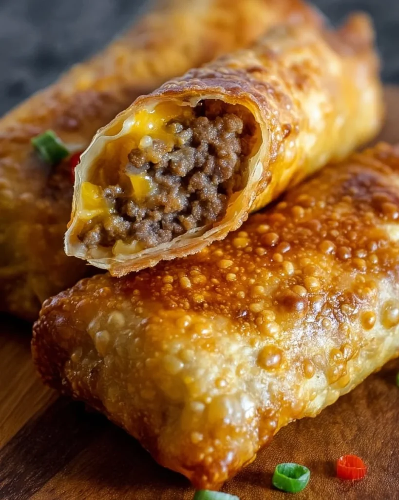 Delicious cheeseburger egg rolls with cheese and beef filling served with dipping sauce
