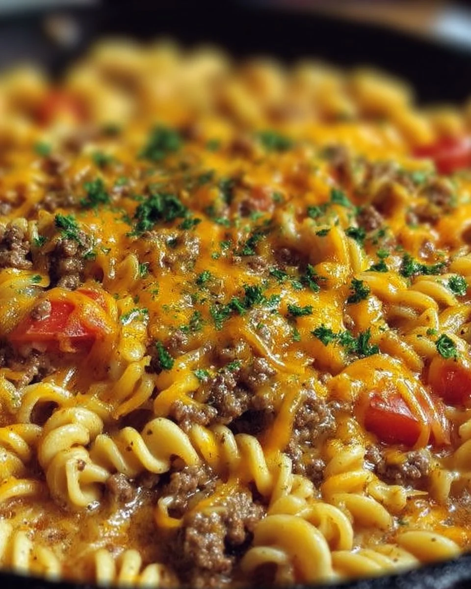 Delicious Cheeseburger Pasta Skillet dish served in a bowl
