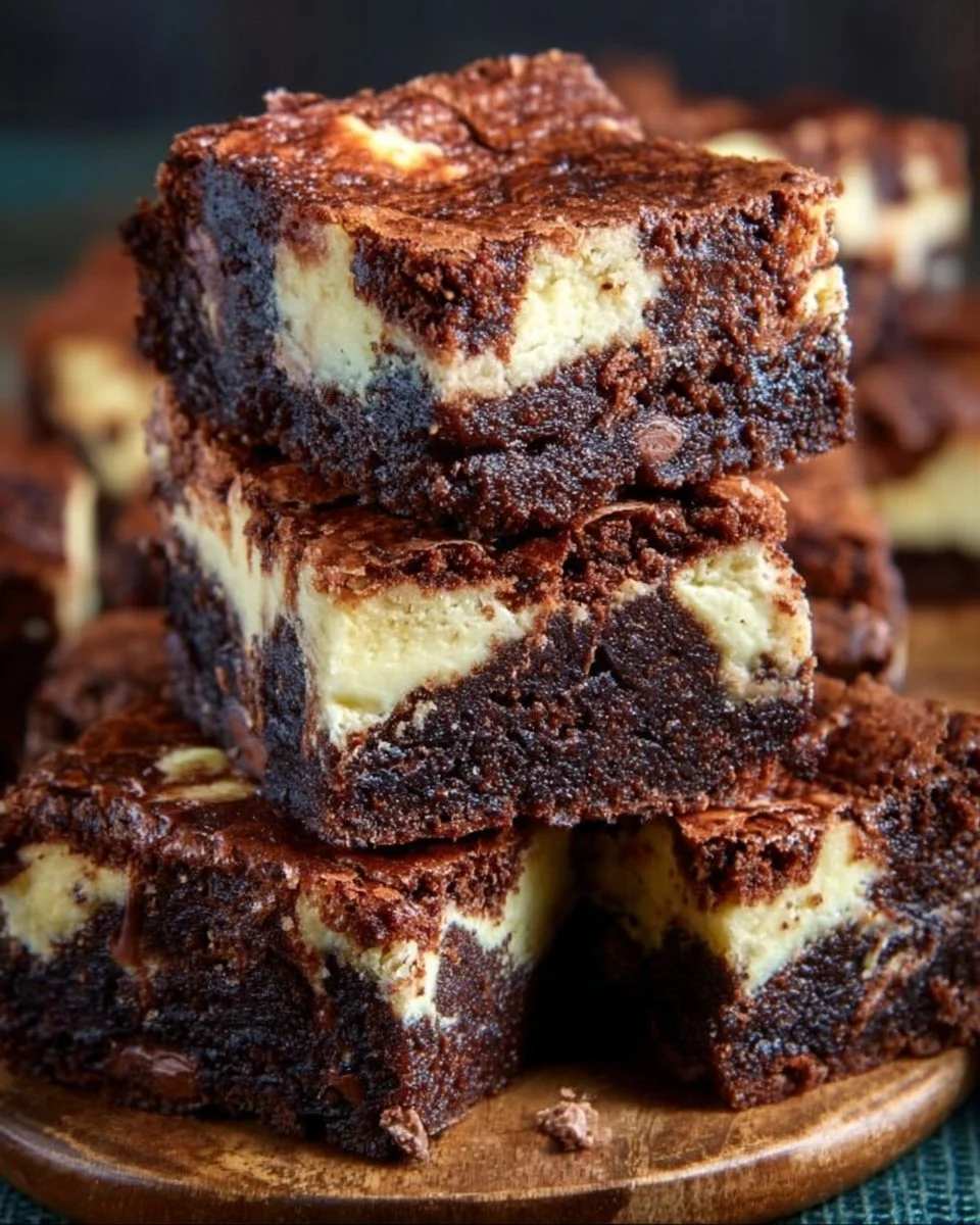 Delicious cheesecake brownies topped with creamy cheesecake swirl.
