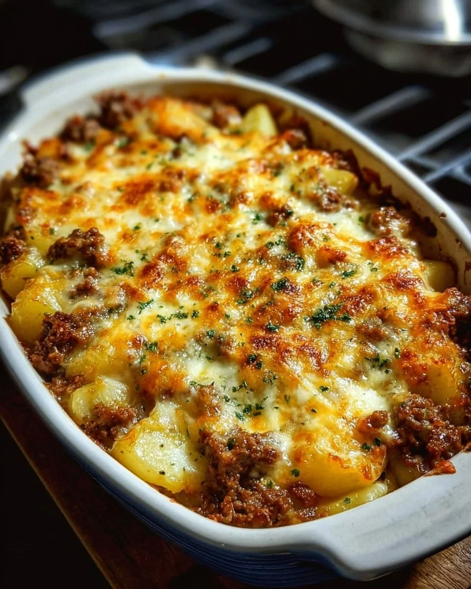 Cheesy ground beef and potato casserole in a baking dish