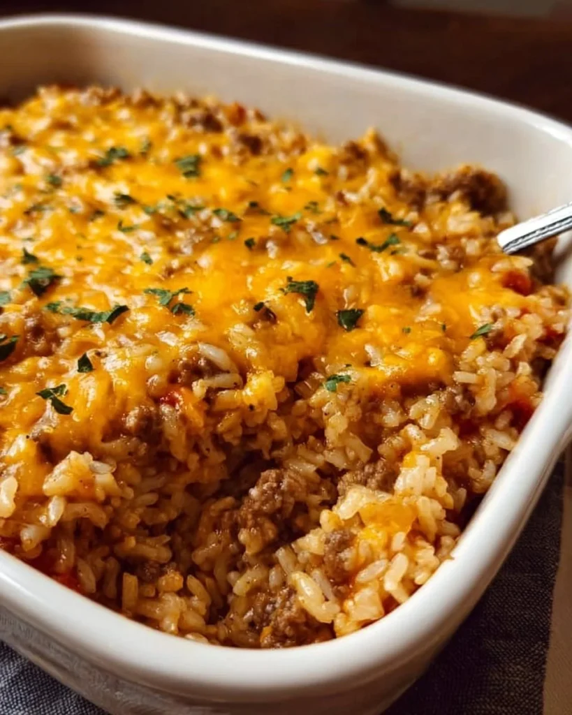 Cheesy Ground Beef and Rice Casserole garnished and ready to serve