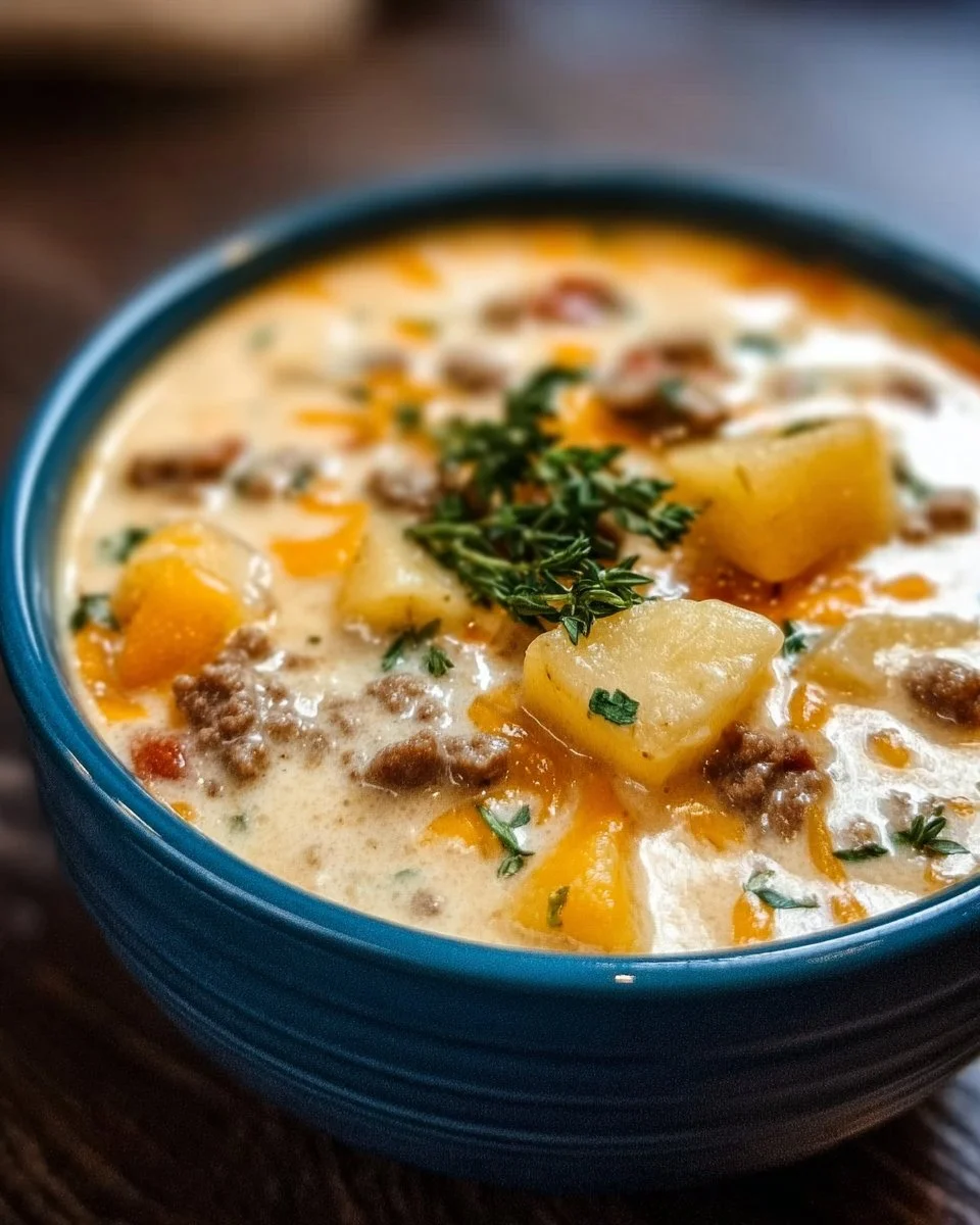 Bowl of cheesy hamburger potato soup garnished with herbs