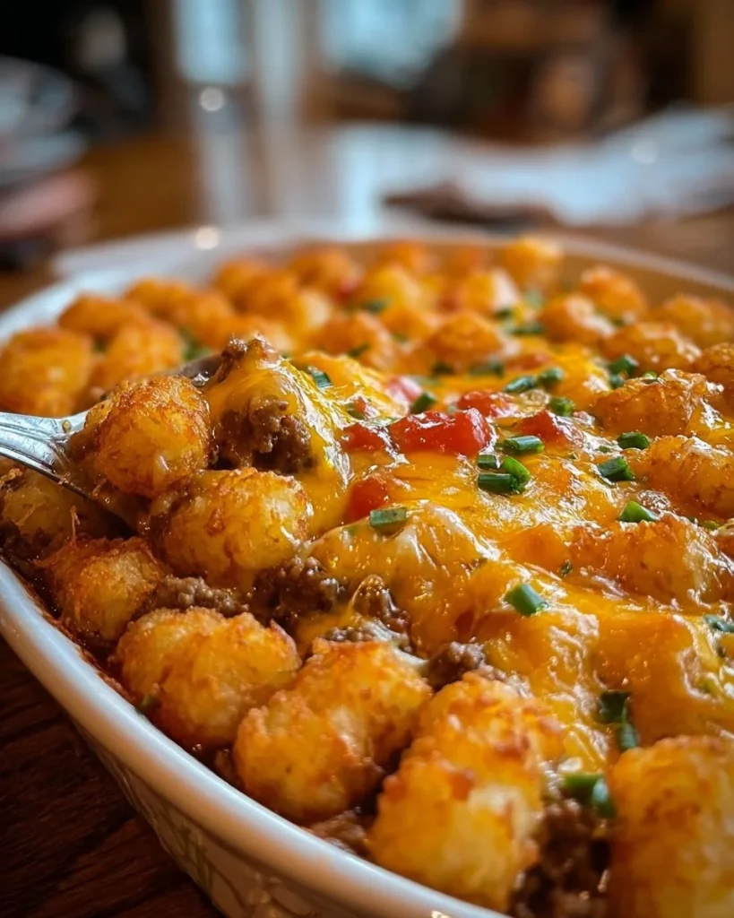 Cheesy tater tot casserole with ground beef and Rotel served in a dish