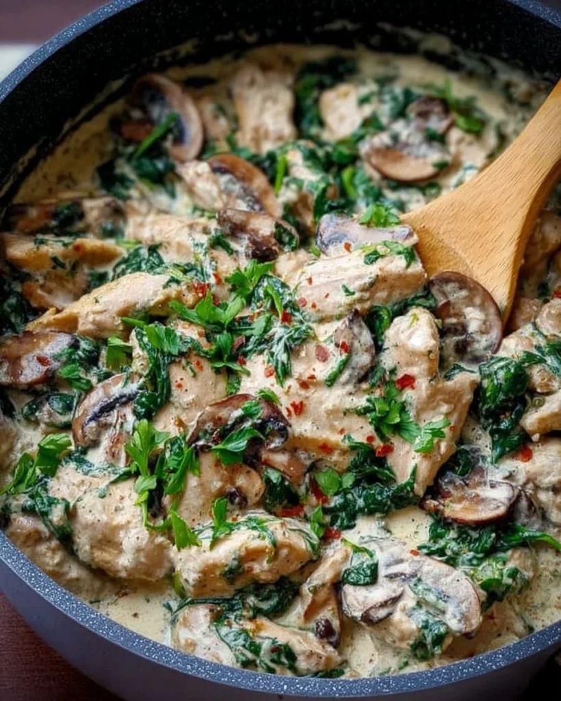 Creamy mushroom sauce with chicken and spinach on a plate