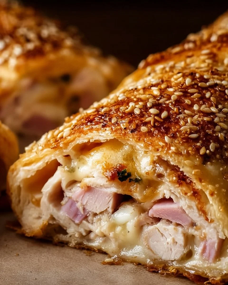 Chicken Cordon Bleu Stromboli with ham and cheese filling wrapped in dough.