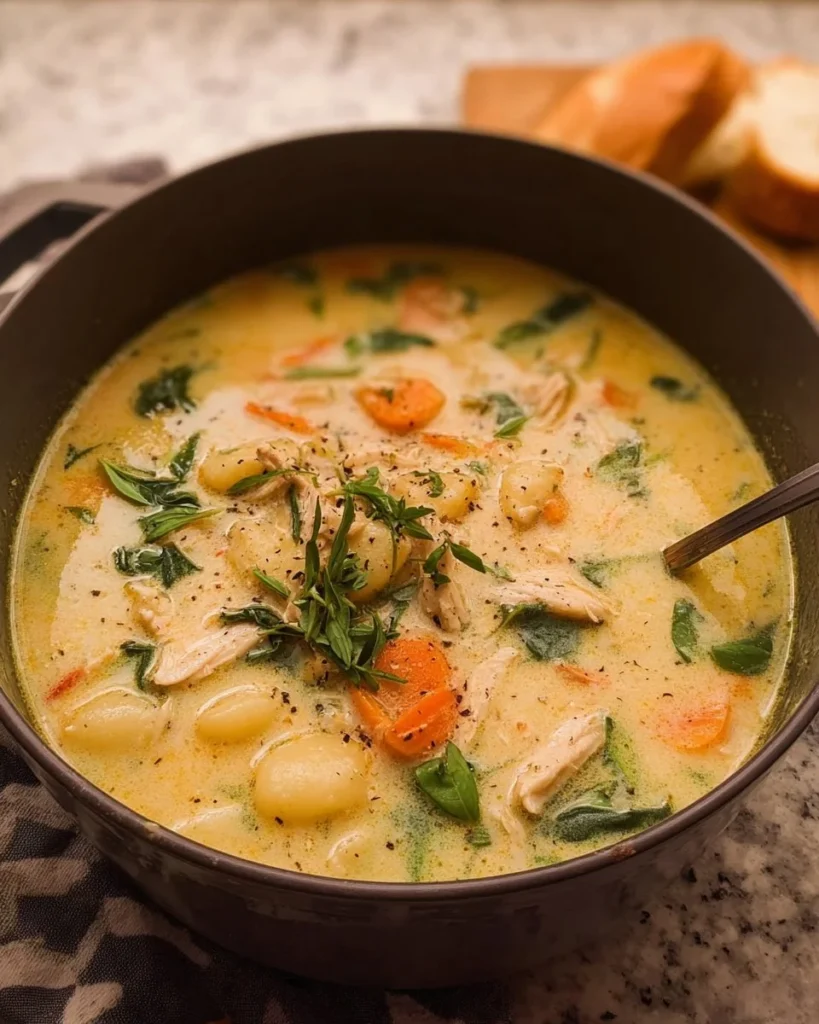 Delicious Chicken Gnocchi Soup served in a bowl with fresh herbs