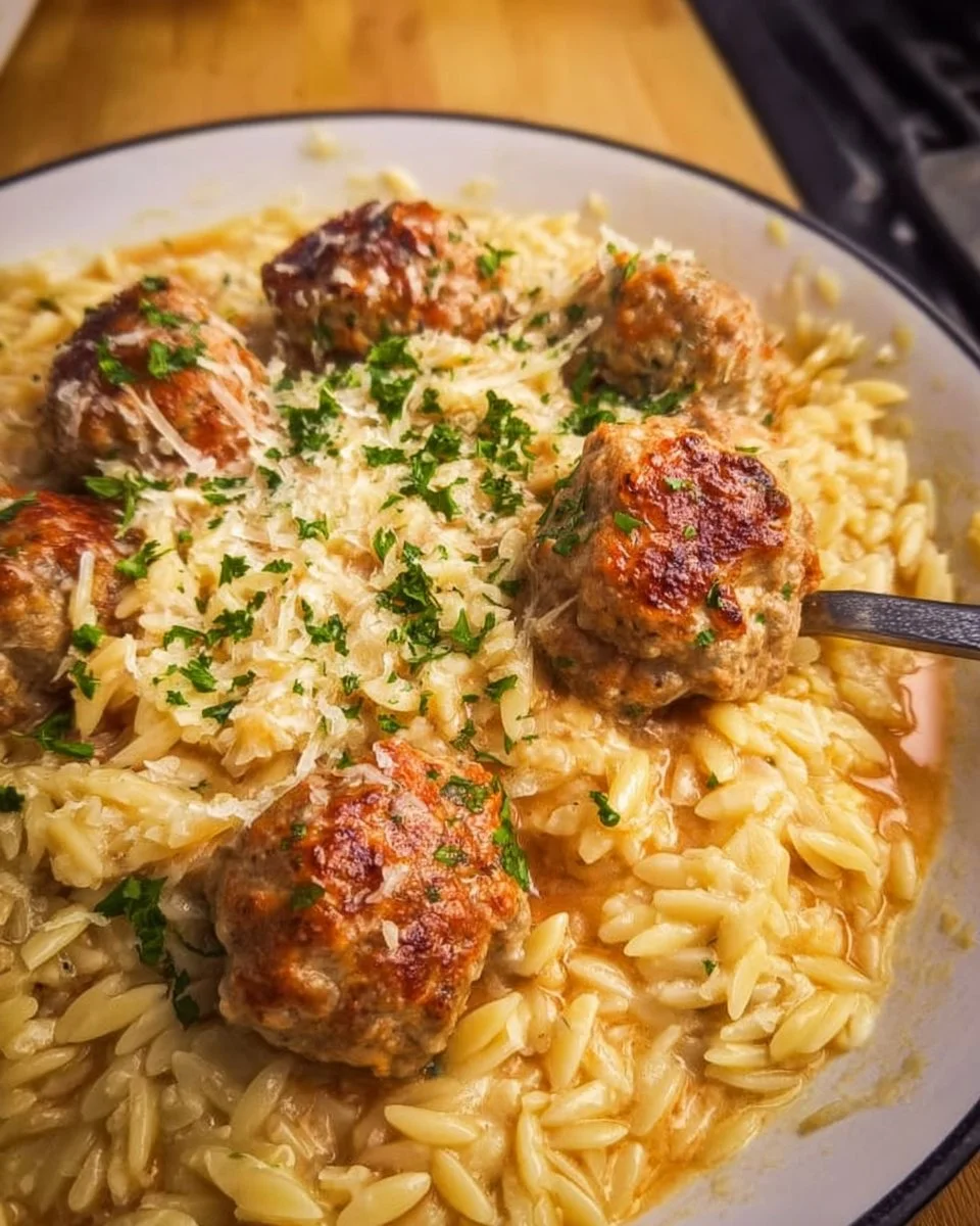 Chicken meatballs served with orzo in a delicious sauce