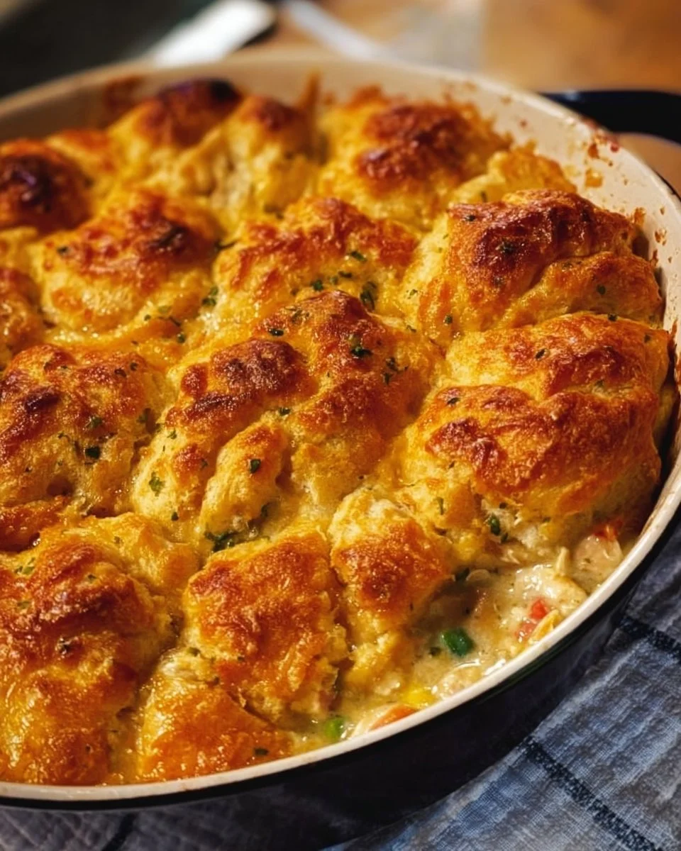 Delicious Chicken Pot Pie Bubble Up Casserole topped with flaky biscuits