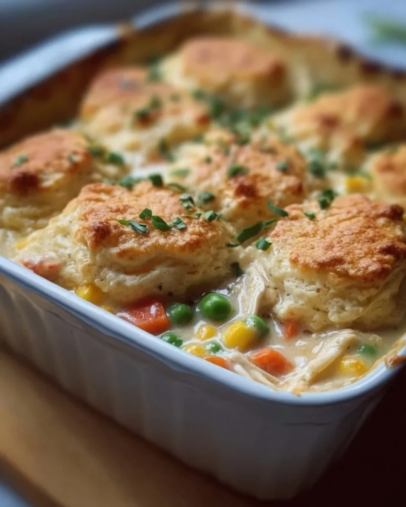 Delicious chicken pot pie casserole with golden crust and hearty filling.