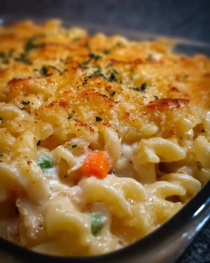 Delicious Chicken Pot Pie Pasta Casserole topped with golden brown crust