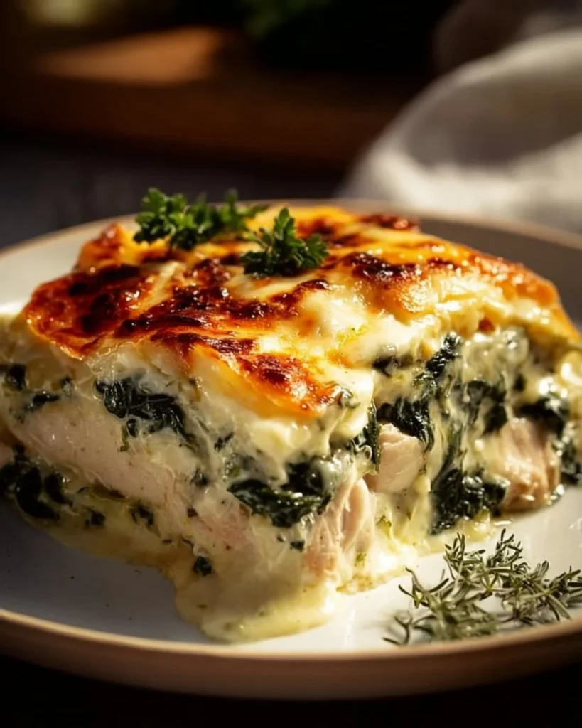 Delicious Chicken Spinach Casserole served in a baking dish