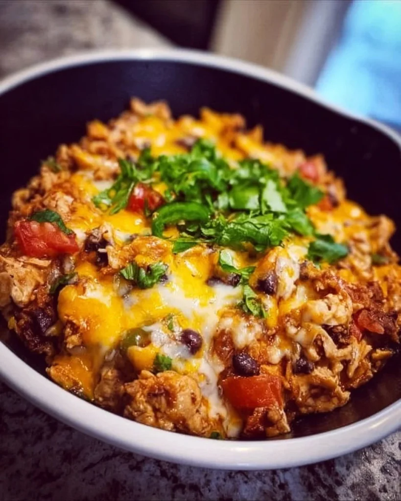 Delicious Chicken Taco Casserole served in a baking dish with toppings