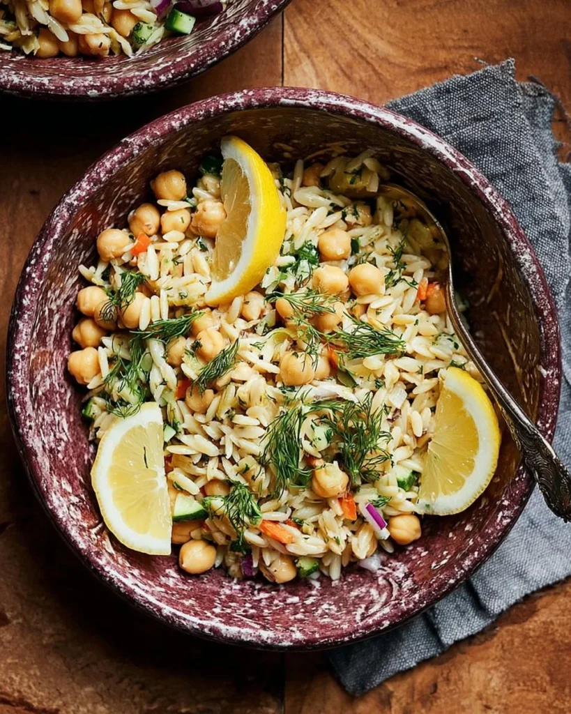 Chickpea orzo salad with lemon-dill dressing in a bowl